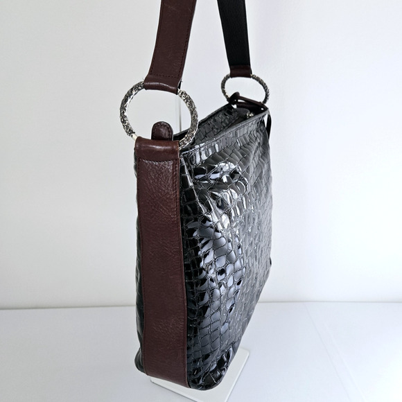 Brighton Shoulder Bag Dark Brown Patent Leather Croc Embossed Classic Purse 12" - Picture 4 of 16